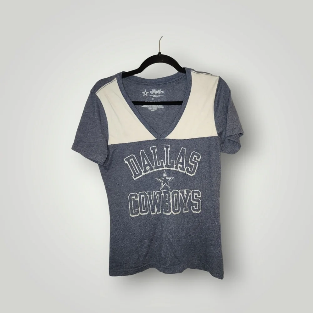 Dallas Cowboys Shirt Women Sz M Blue Short Sleeve T-Shirt V Neck Glitter - Picture 4 of 8